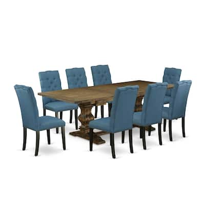 9-Piece Dining Table Set with Chairs - Linen Fabric Dining Room Set - Distressed Jacobean & Black Finish - 92