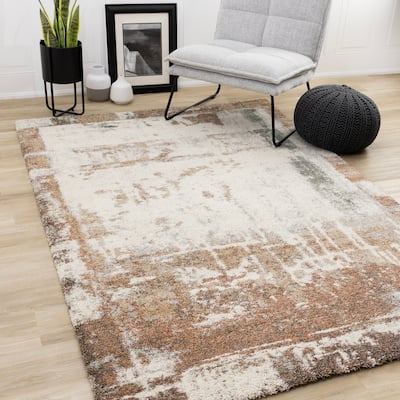 Maverick Collection - Distressed White Orange Green Plush Area Rug