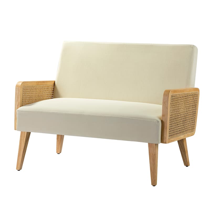 Sybil 43" Contemporary Solid Wood Upholstered Handcrafted Loveseat with Rattan Arms by HULALA HOME