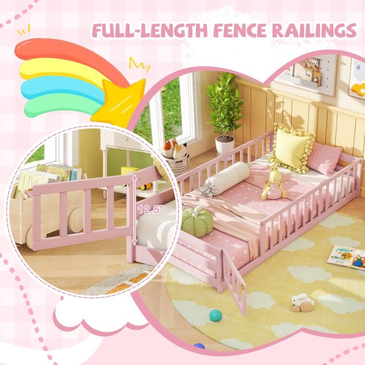 Twin Size Kids Wood Montessori Floor Bed with Door and Fence