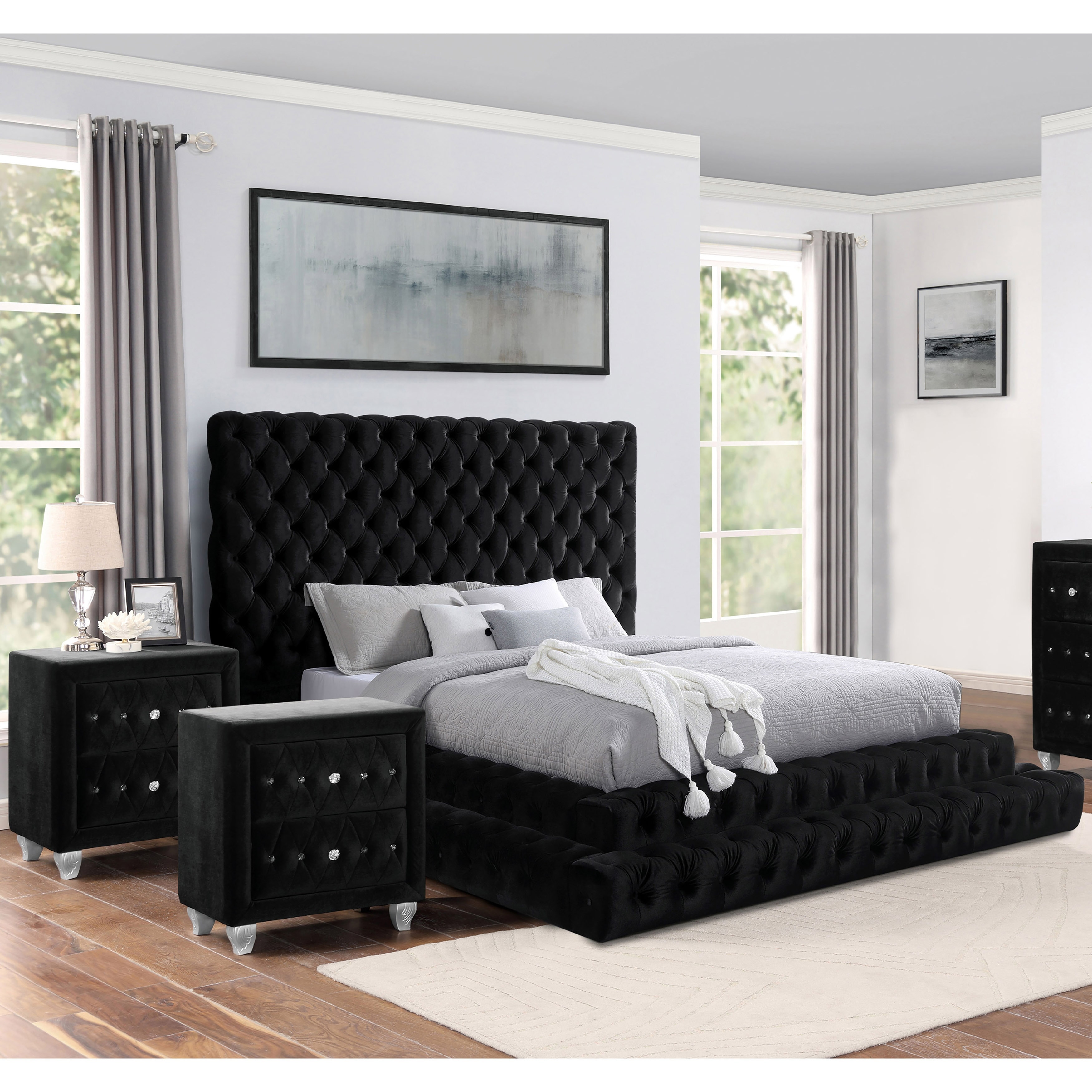 Furniture of America Allenhurst Glam 3-Piece Velvet Fabric Button Tufted Platform Bedroom Set