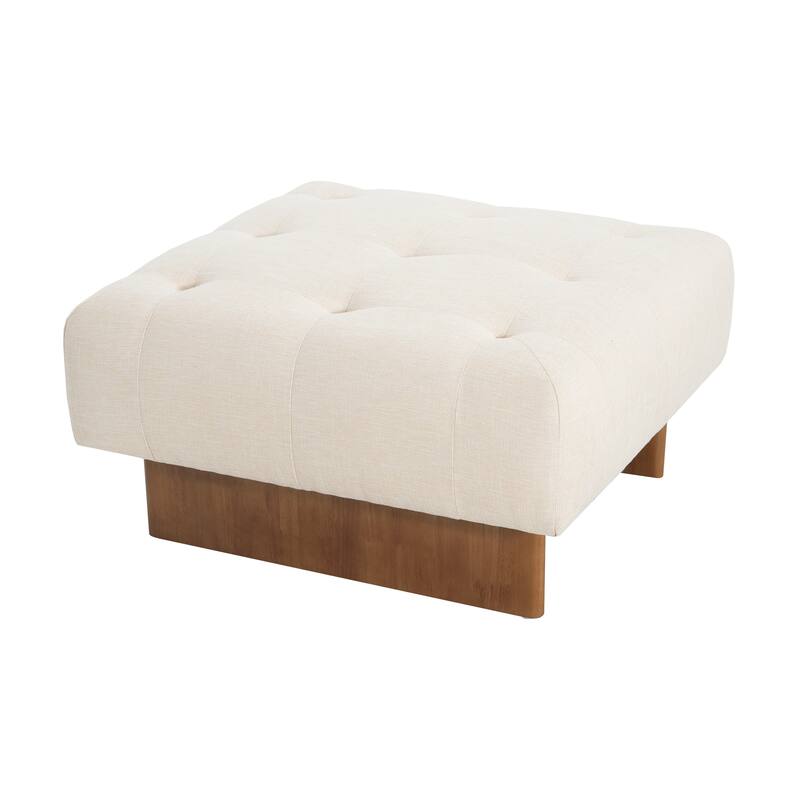 Square Upholstered Tufted Linen Fabric Ottoman, Solid Wood Legs, Beige