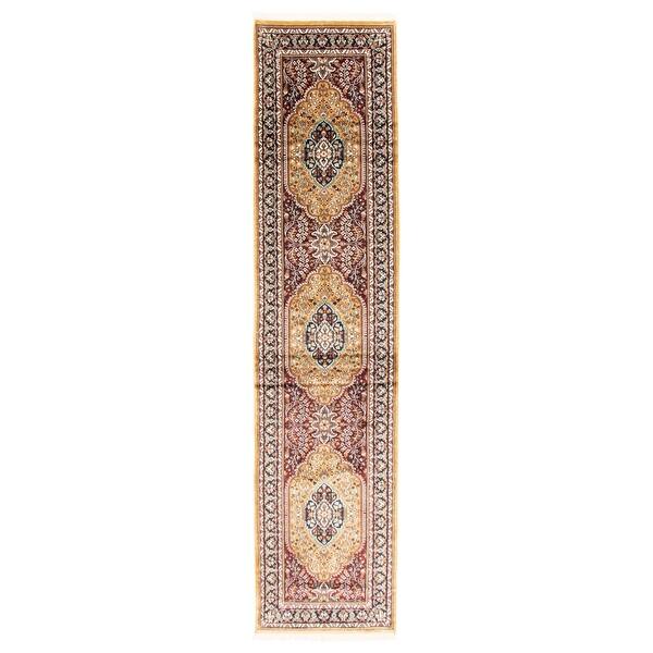 slide 1 of 9, ECARPETGALLERY Hand-knotted Kashmir Light Gold Silk Rug - 2'6 x 10'6 Light Gold - 2'6 x 10'6