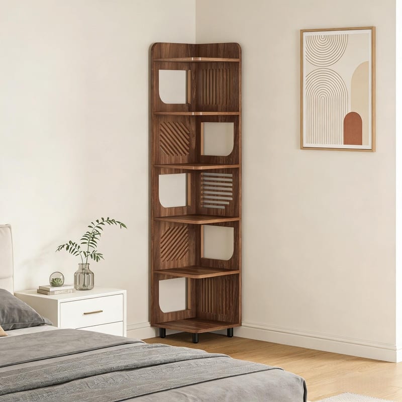 5-Tier Corner Bookshelf, Tall Brown Bookcase with Metal Legs, Right-Angle Space-Saving Storage Shelf