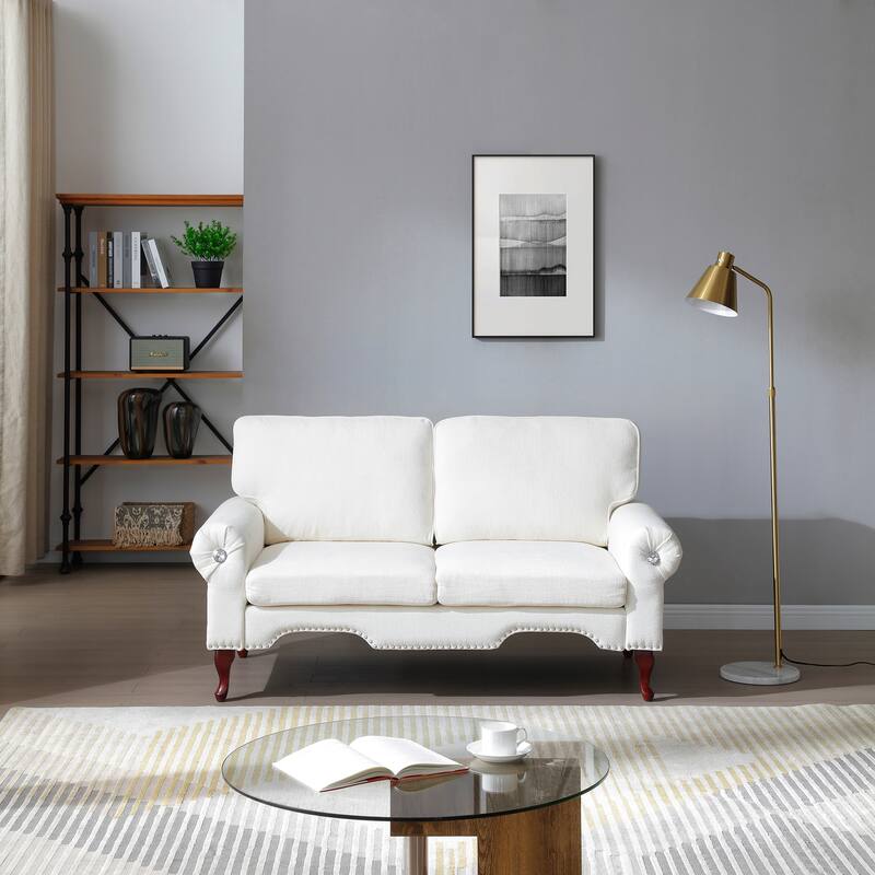 66" Linen Loveseat Sofa with Wooden Legs, Crystal Buttons & Tufted Back - Beige