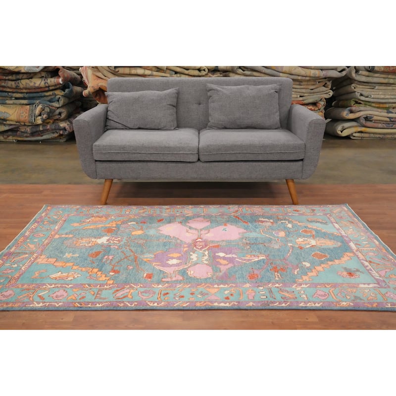 Hand Knotted Oriental 100% Wool Carpet Transitional Geometric Navy Blue & Blues Oushak Area Rug - 6' 10'' X 4' 1''
