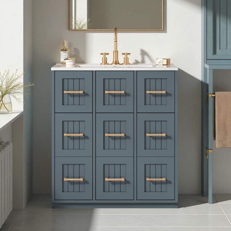 30-Inch Bathroom Vanity with Undermount Sink, Solid Wood Frame Cabinet with Tip-Out Drawer and Soft-Close Doors - Blue