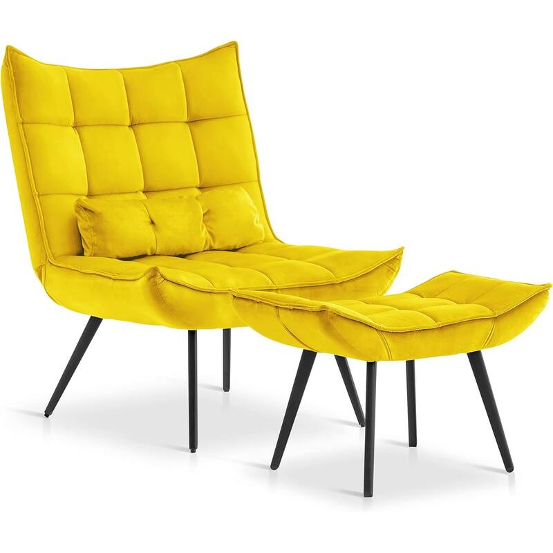 Mcombo Accent Chair with Ottoman, Velvet Tufted Wingback Chair, Upholstered Chairs with Metal Legs for Bedroom Living Room 4079