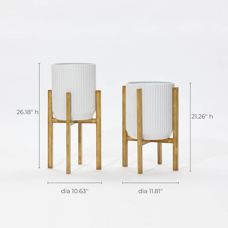 2-Pc Textured Round White Metal Cachepot Planters with Gold Stands