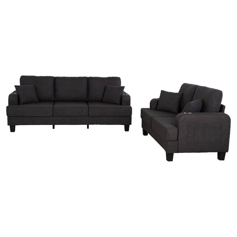 Modern Black Fabric 3-Piece Living Room Sofa Set with Loveset and Ottoman