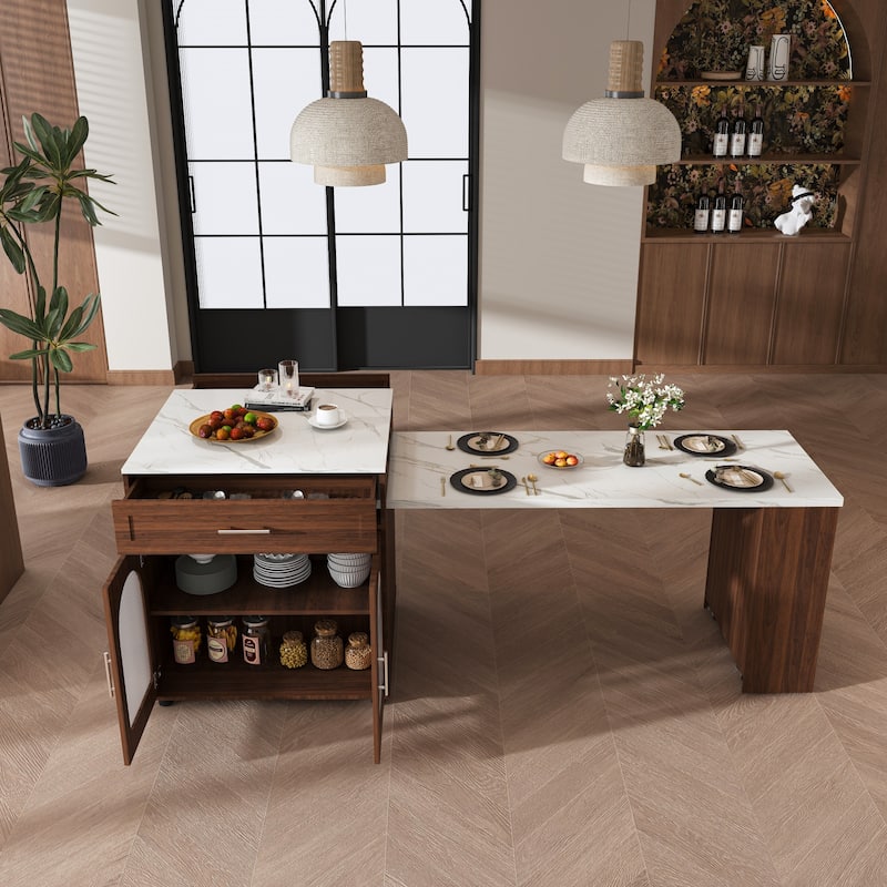 80" Expandable Kitchen Island with Dining Table with Marble-Grain Countertop with Power Outlet