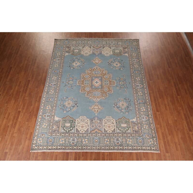 Light Blue Geometric Tabriz Persian Vintage Rug Handmade Wool Carpet - 9'7"x 12'8"