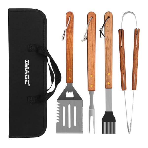 IMAGE Wooded BBQ Accessories Grilling Tools,Stainless Steel Barbecue Grill Tools Set (4 pieces)