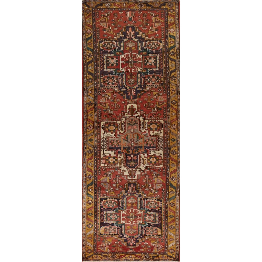 Geometric Hand-knotted Heriz Persian Vintage Runner Rug - 3'8"x 11'3"