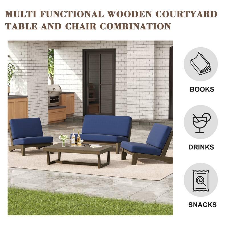 4 Set Outdoor Patio Teak Wood Club Chairs Loveseat with Coffee Table
