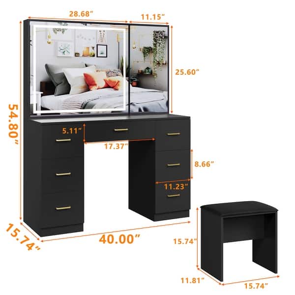 dimension image slide 2 of 4, Makeup Vanity with XL Lighted Mirror & Stool, 7 Drawers Bedroom Vanity Desk