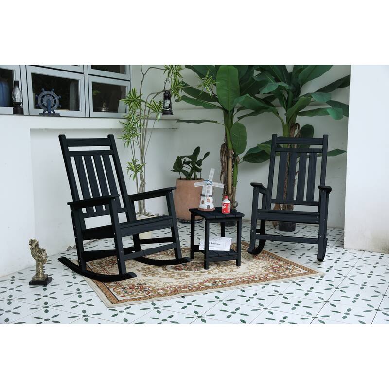 Outdoor Rocking Chair Set with Side Table, 3-Piece Rocking Chair Set with Wood-Texture,All Weather-resistant - Black