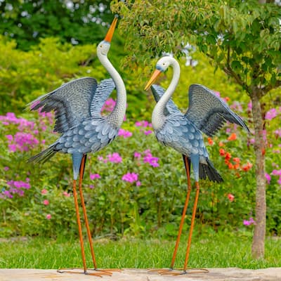 Set of 2 51" Tall White Neck Blue-Grey Heron Garden Figurines