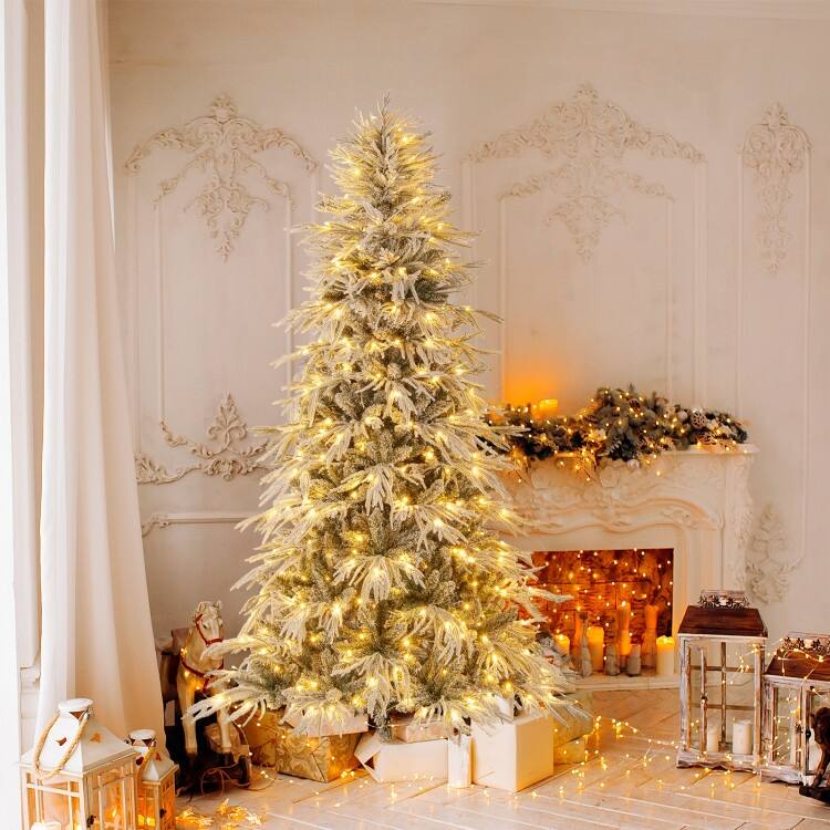 Pre Lit Snow Flocked Artificial Christmas Tree with Warm White LED Lights and Metal Stand