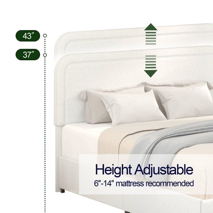 Queen Size Ivory Boucle Upholstered Platform Bed