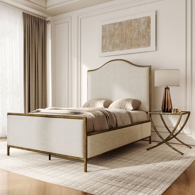 247 Shop At Home Lalia Modern 2-Piece Upholstered Hammered Metal Camelback Bedroom Set with Nightstand - Matte Gold - Full