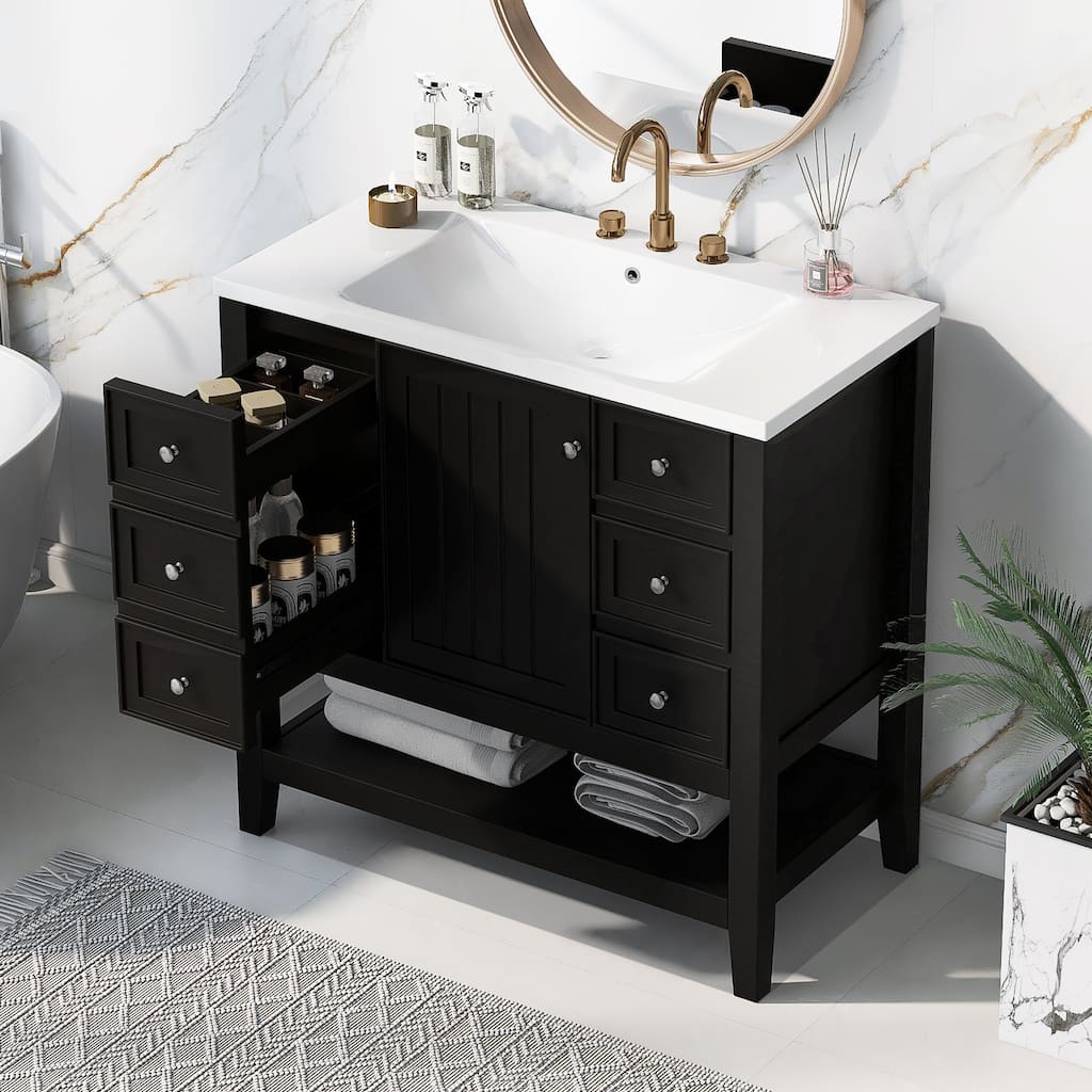 36" Bathroom Vanity with Sink - Solid Wood & MDF Construction, 1 Cabinet & 3 Drawers - Modern Vanity for Bathroom Remodel