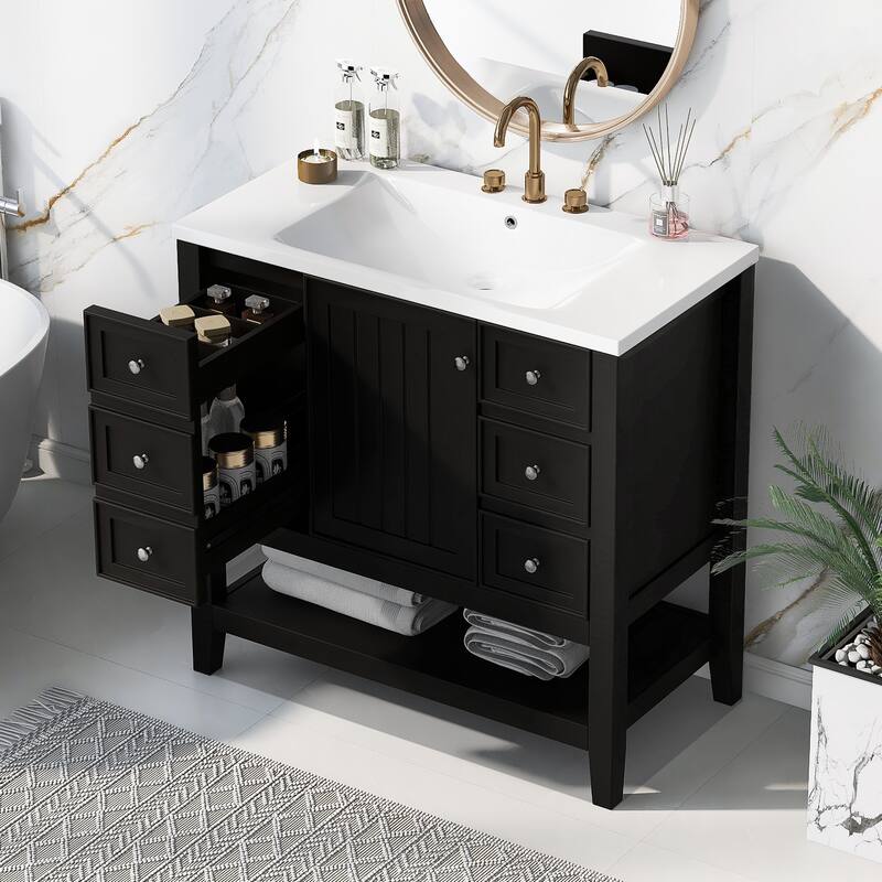 Bathroom Vanity with Sink, Bathroom Vanity with 1 Cabinet and 3 Drawers, Solid Wood Storage Cabinet with Open Shelf