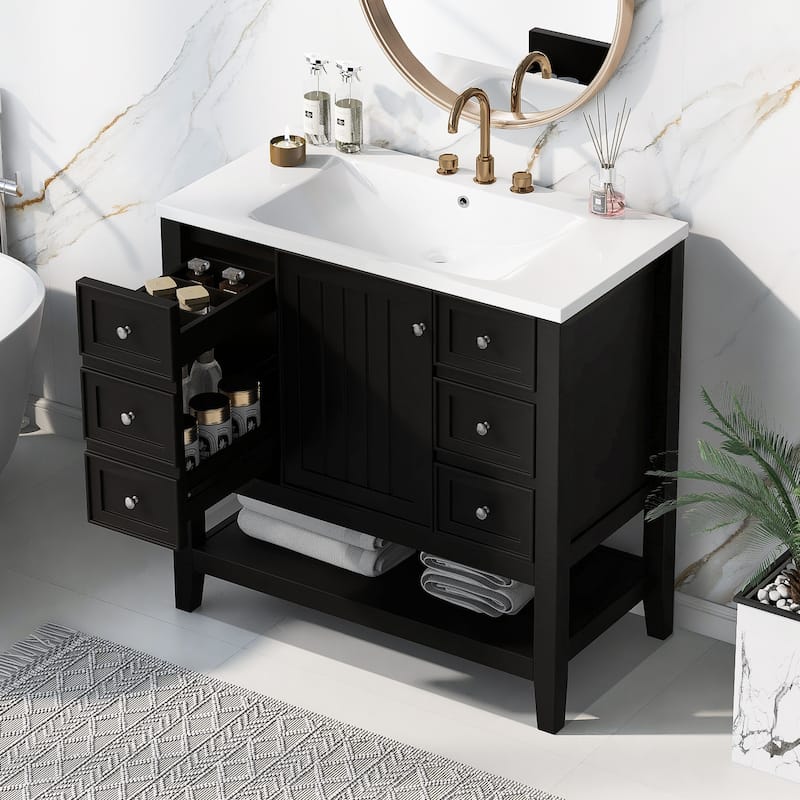 Roomfitters 36" Bathroom Vanity with Sink Cabinet with 3 Drawers and Door Solid Wood and MDF Structure - Black