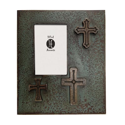 HiEnd Accents Distressed Three Crosses Frame (EA), 4X6 Turquoise