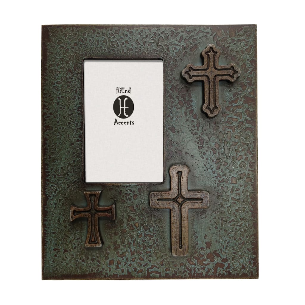 HiEnd Accents Distressed Three Crosses Frame (EA), 4X6 Turquoise