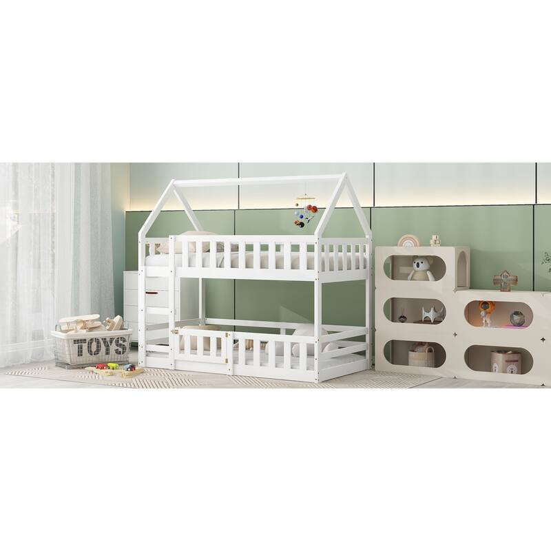 Roomfitters Twin Over Twin House Bunk Bed with Fence Guardrails and Door, White