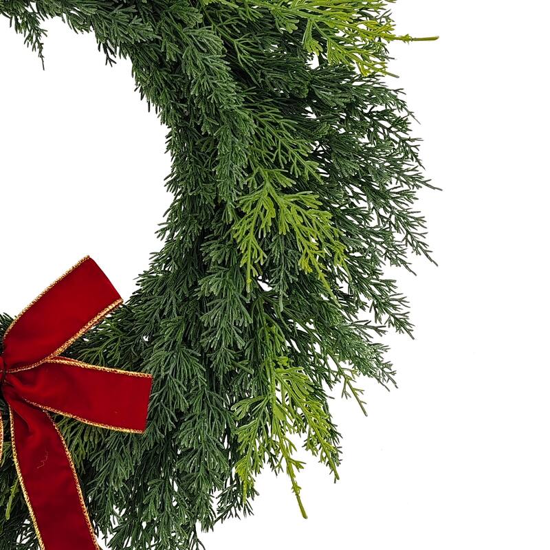 Cypress and Bow Ribbon Artificial Christmas Wreath - 22" - Unlit