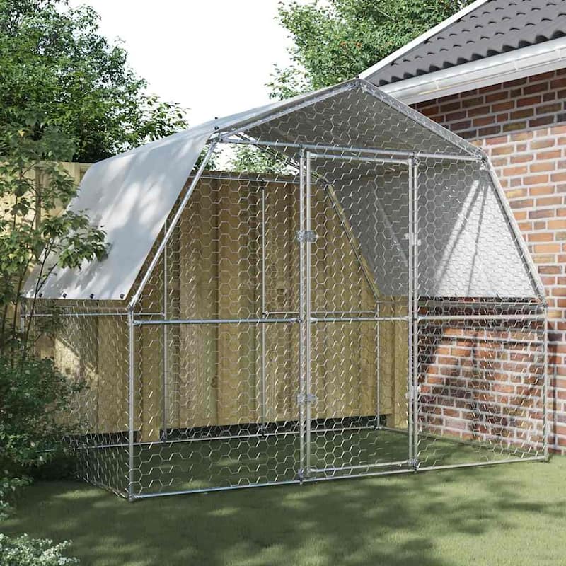 vidaXL Chicken Cage with Roof and Door Hen Coop Outdoor Silver Galvanized Steel - 112.2" x 76.8" x 90.6"