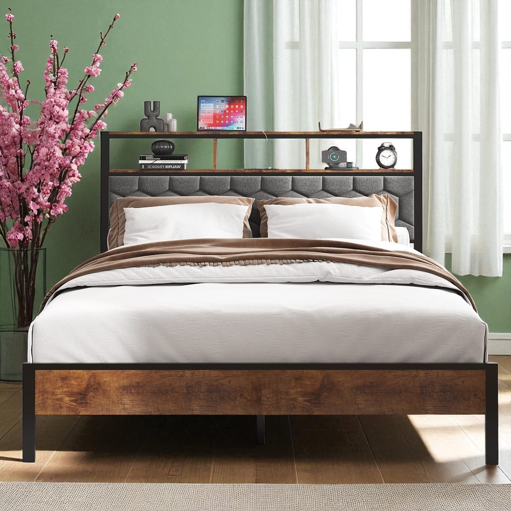 Full/Queen/King Platform Bed Frame with USB Ports, Upholstered Headboard, Storage, No Box Spring Needed