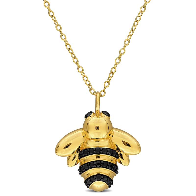 Miadora 5/8ct TGW Black Spinel Bee Necklace Yellow Silver-17in