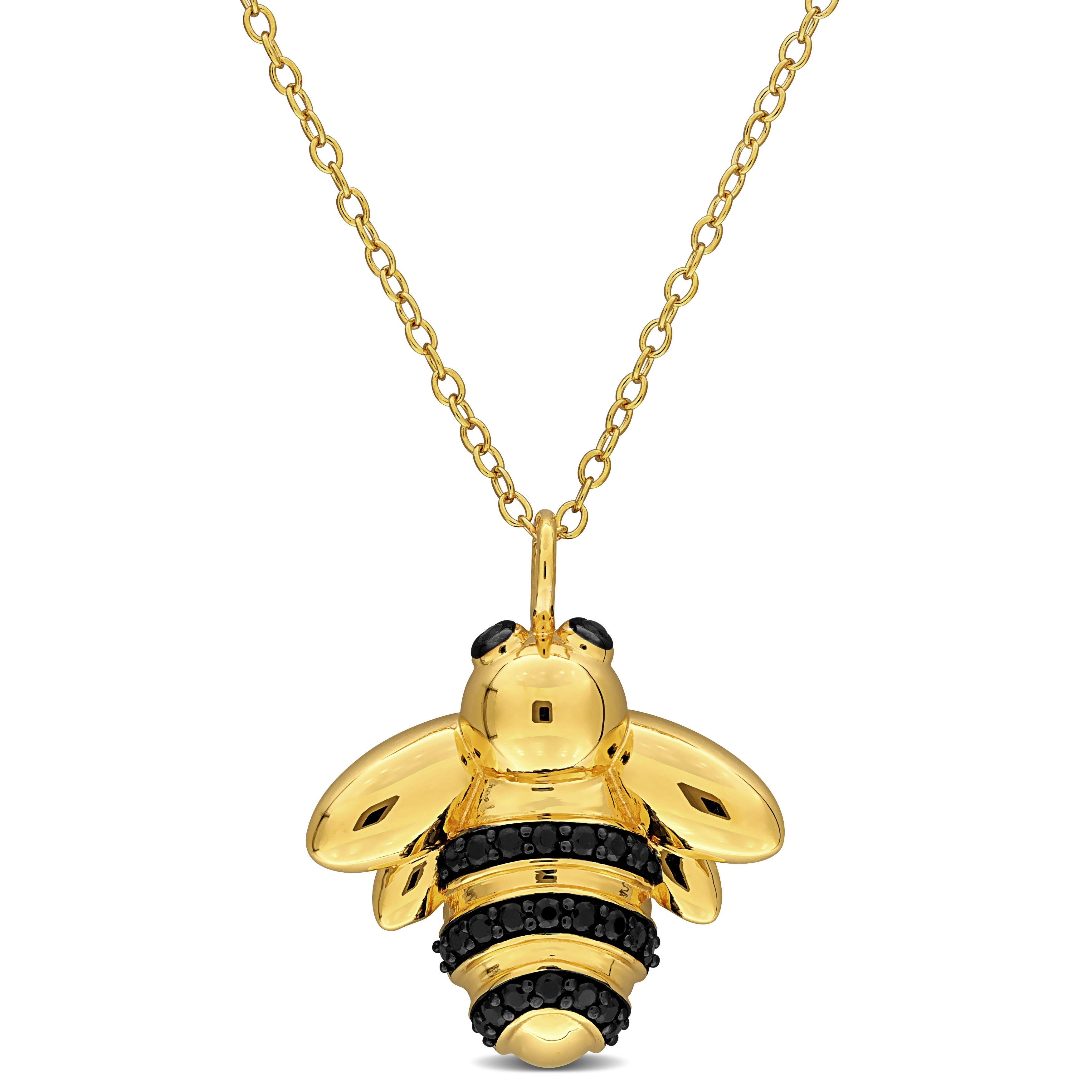 Miadora 5/8ct TGW Black Spinel Bee Necklace Yellow Silver-17in