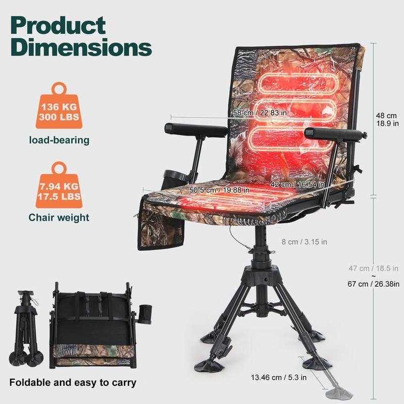 Heated 360 Degree Swivel Hunting Chair, Silent Rotating Blind Seat with Power Bank, 4 Adjustable Legs, Portable Design