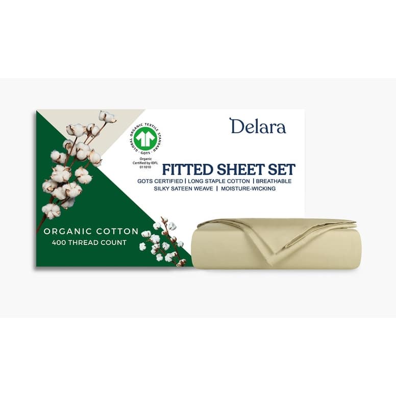 Delara GOTS Certified 100% Organic Cotton Fitted Sheet Set, 400TC Long Staple Cotton, Moisture-Wicking, Smooth & Breathable