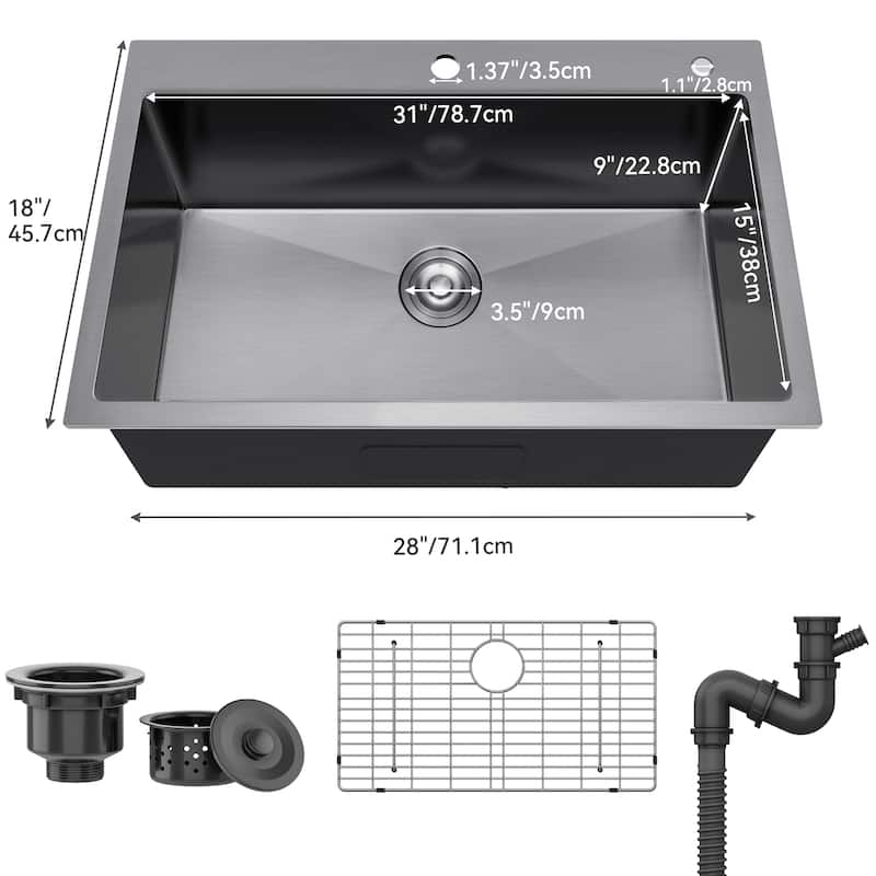 33 Inch Drop In Kitchen Sink Top mount Stainless Steel Black Sink w/Sink Protector Single Bowl Drop-in Sink for Workstation