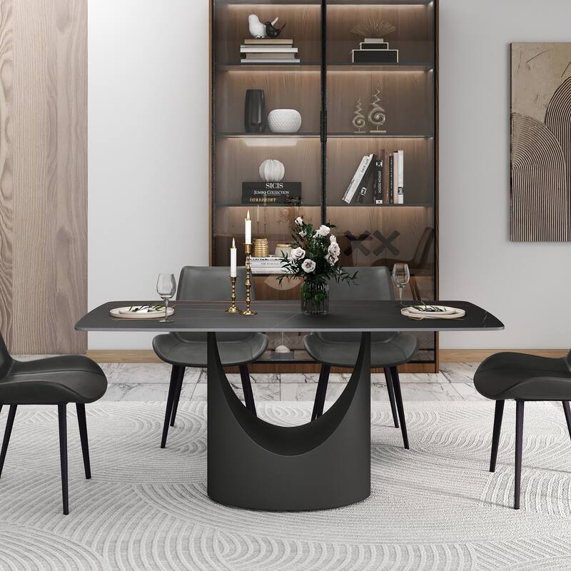 63" Dining Table Set for 6, Sintered Stone Dining Table with Solid Carbon Steel Base for Kitchen Dining Room