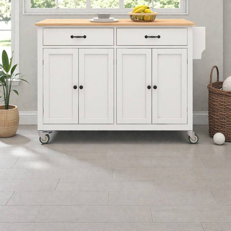 54.3" Kitchen Island Cart with Solid Wood Top, 4 Door Cabinet, Drawers, Spice Rack, Wheels