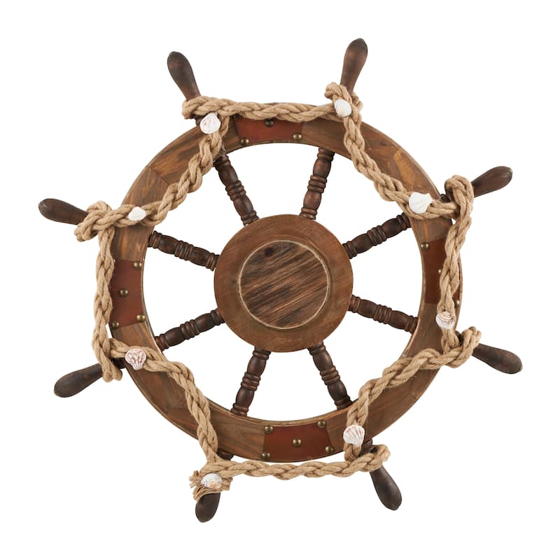 Wood Ship Wheel Handmade Wall Decor with Rope and Shell Accents - Brown - Roche River Decor