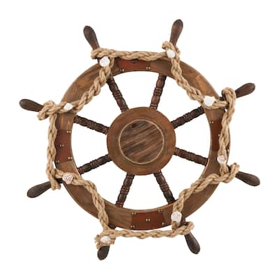 Wood Ship Wheel Handmade Wall Decor with Rope and Shell Accents - Brown - Roche River Decor