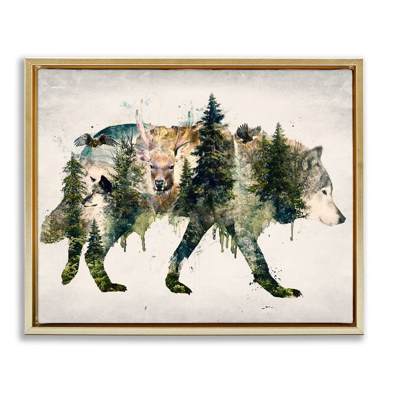 Stupell Woodland Wildlife Wolf Contour Framed Floater Canvas Wall Art Design By Barrett Biggers - 31 x 25 - Gold