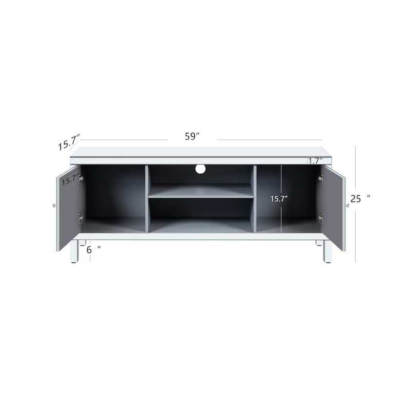 Silver 59" TV Stand with Diamond Shape Sparkling Mirror Doors, Open Storage and 2 Storage Cabinets for TVs Up to 65"