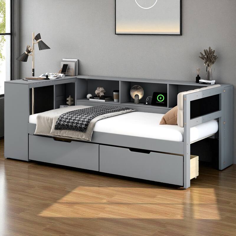 Wood Twin/Full Platform Bed with Upholstered Headboard, Storage Shelves, Drawers and Charging Station, No Box Spring Needed
