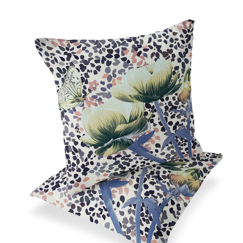 HomeRoots Set of Two 16" X 16" Blue and Green Butterfly Blown Seam Floral Indoor Outdoor Throw Pillow - 16.00' X '16.00' X '5.00