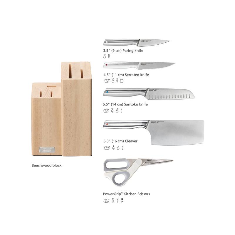 Joseph Joseph Elevate Fusion 5-piece Knife, Cleaver and Scissor Set with Beechwood Block