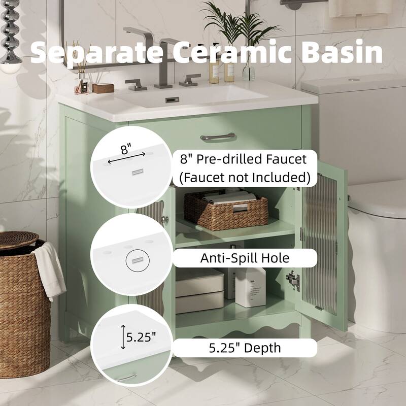 31" Bathroom Vanity with Tempered Glass, Ceramic Sink, Rubber Wood Legs & Soft-Close Doors