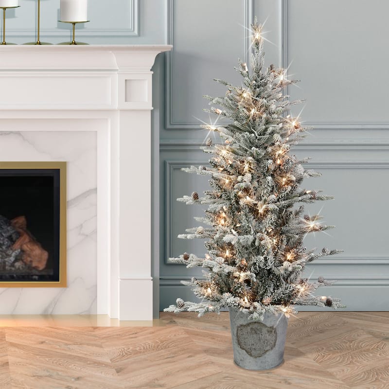 Puleo International 4.5 ft. Pre-lit Potted Flocked Tree - 4.5 Foot